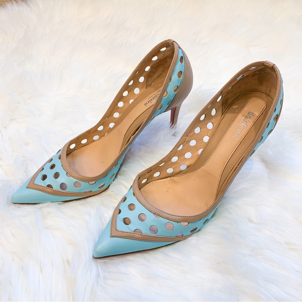 Baldinini Italian Leather Light Powder Blue and Beige Perforated High Heels